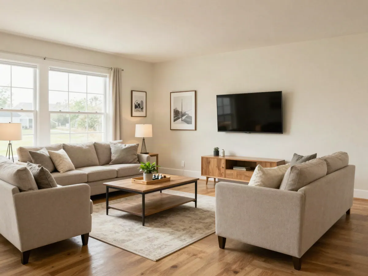 A living room fully unpacked and styled after a completed move