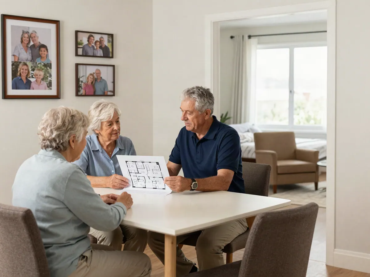 A move coordinator sitting with an elderly couple in their new apartment